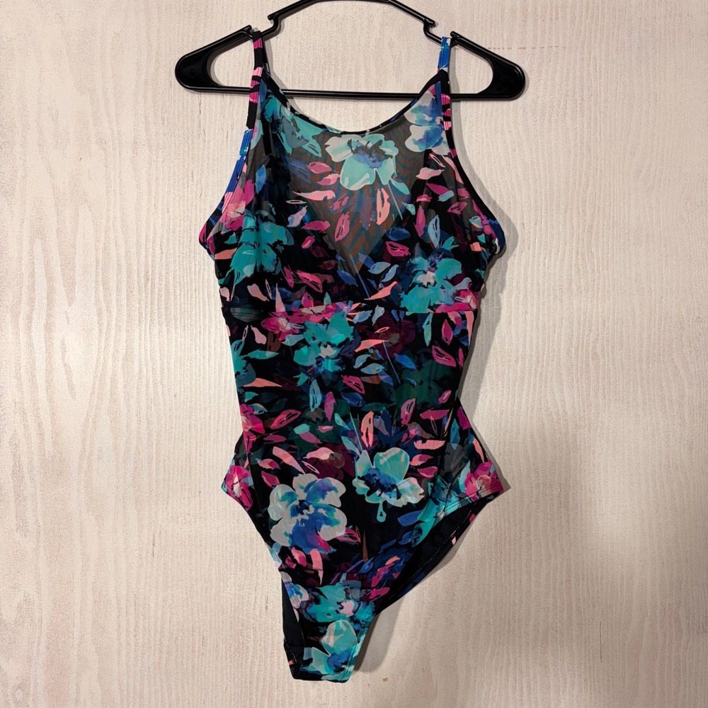 Time and Tru One Piece Swimsuit Womens XL 16-18 Floral Mesh Overlay Summer